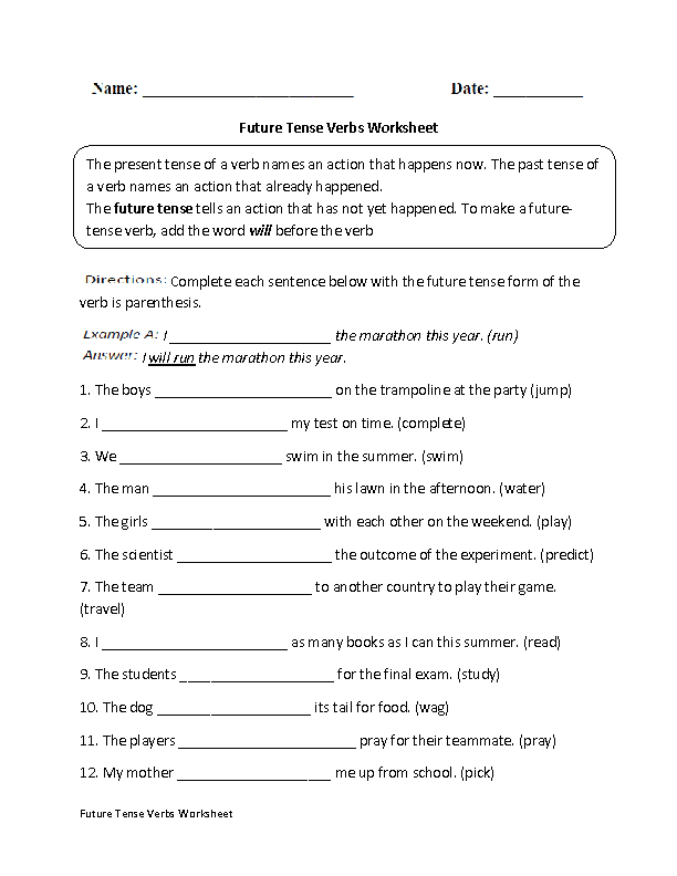 Future Tense Verbs Worksheet