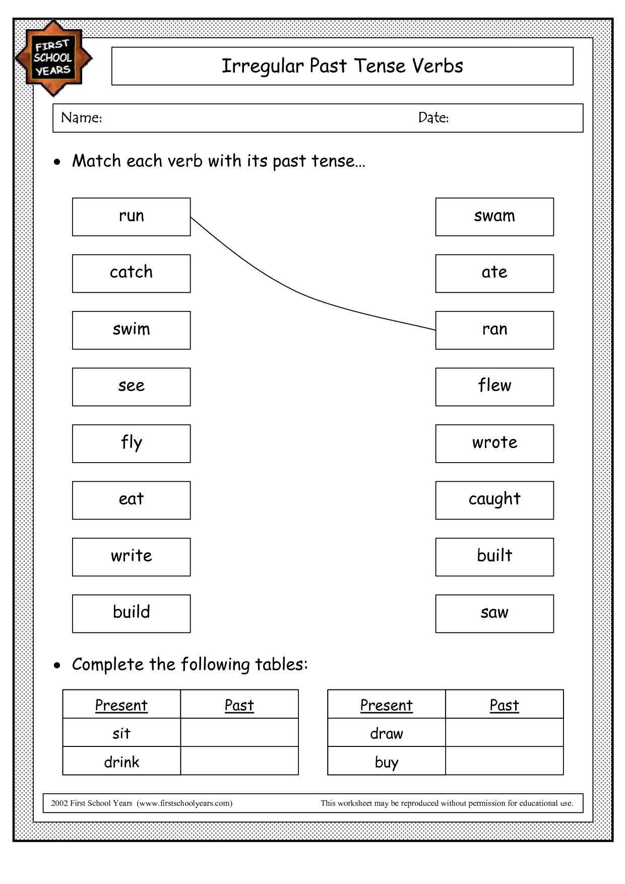 Irregular Past Tense Verb Worksheet