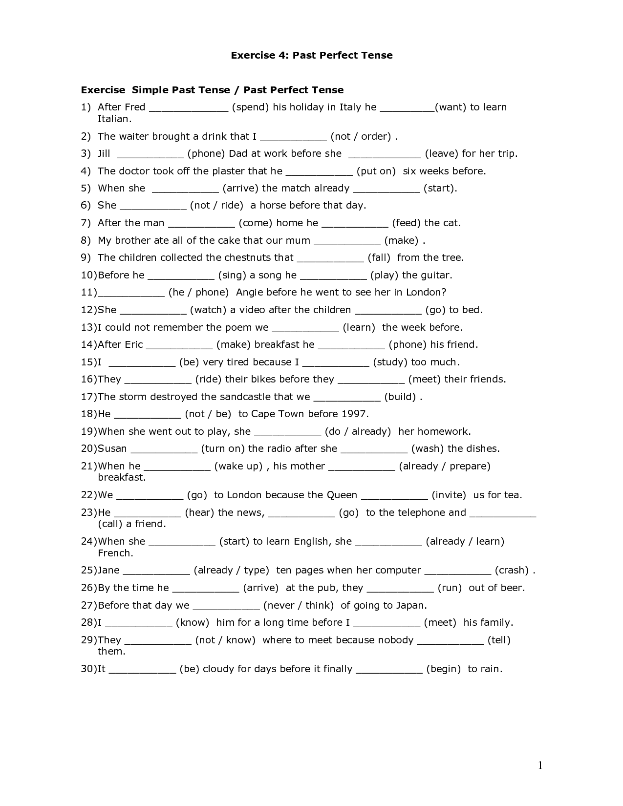 Past Perfect Tense Exercises