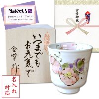 名入れ 古希 プレゼント 無病息災を願った縁起物ギフト 有田焼 湯呑み 花六瓢 赤 メッセージカード付き・古希のし付き 木箱入り