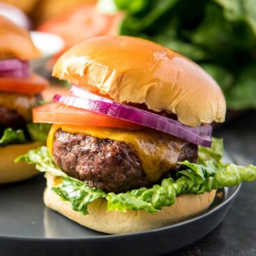 A close up of a Hamburger on a plate.