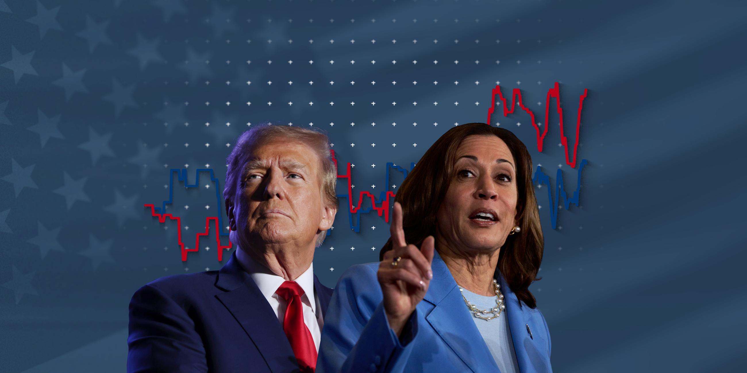 Donald Trump und Kamala Harris, dahinter ein Liniendiagramm mit ihren Umfragewerten