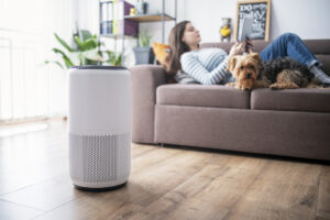 Woman lays on couch while air purifier runs to improve air quality in your NYC apartment