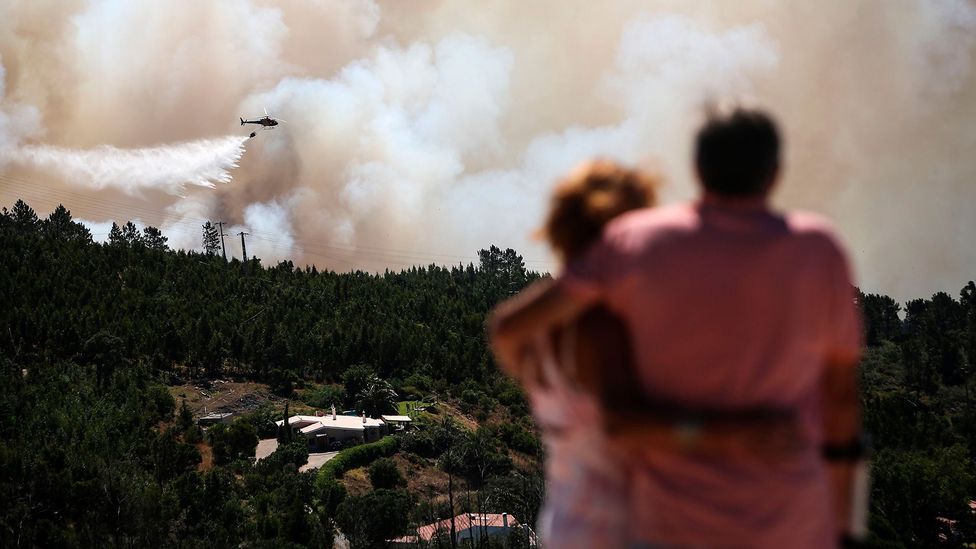 A helicopter drops water on a wildfire in Portugal's Algarve in August 2018. Experts say that pumping money into fire fighting might have diminishing returns (Credit: Getty)