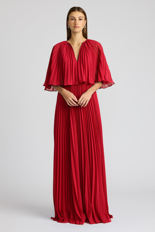 PLEATED CHIFFON CAPE GOWN